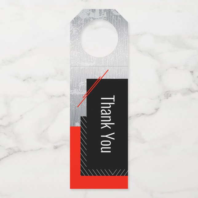 Red, black, grey, pinstripe bottle tag (Front)