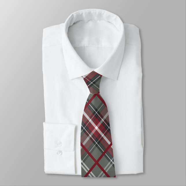 Red Black Grey Plaid Striped Diagonal Pattern Tie (Tied)