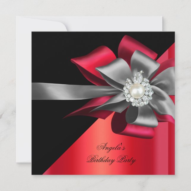 Red Black Grey Silver Bow Pearl Birthday Party 2 Invitation (Front)