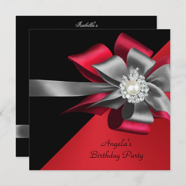 Red Black Grey Silver Bow Pearl Birthday Party Invitation (Front/Back)
