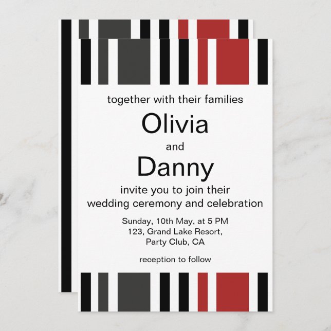 Red Black Grey Vertical Stripes Beach Wedding Invitation (Front/Back)