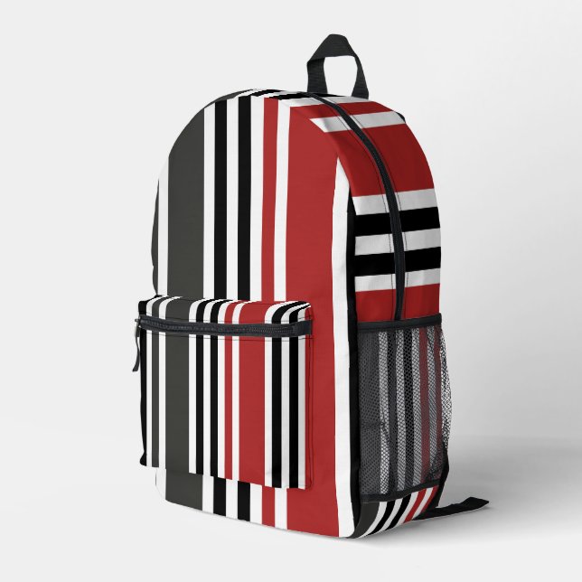 Red Black Grey Vertical Stripes Pattern Printed Backpack (Back Corner Right)