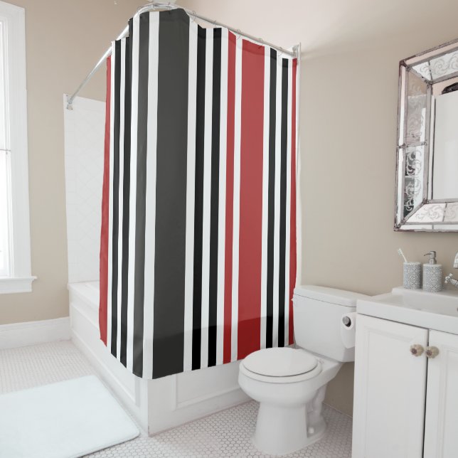 Red Black Grey Vertical Stripes Pattern Shower Curtain (In Situ)