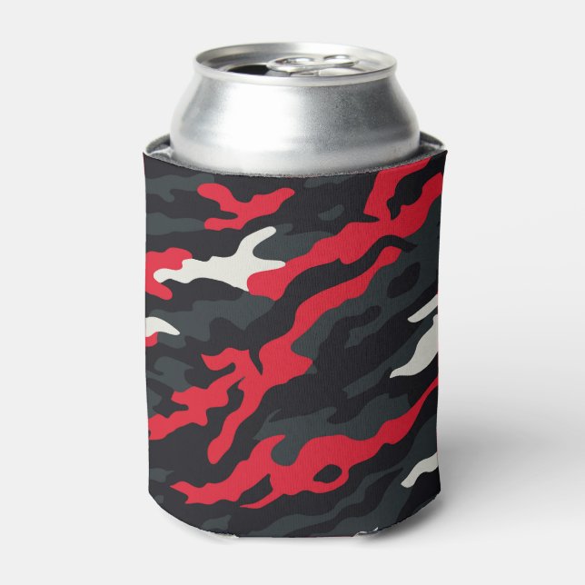 Red Black Grey White Camouflage Camo Pattern Can Cooler (Can Front)