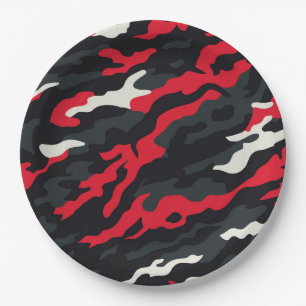 Red Black Grey White Camouflage Camo Pattern Paper Plate