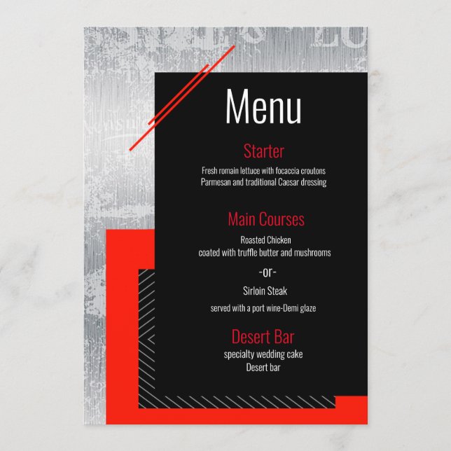 Red, black, grey white pinstripe menu (Front)