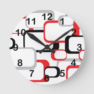 Red Black Grey White Retro Squares Pattern Round Clock