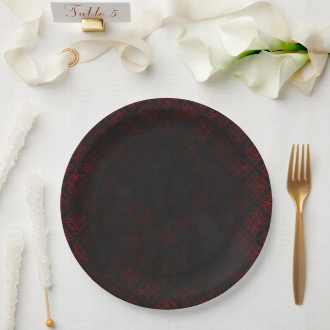 Red & Black Grunge Gothic Paper Plate (Wedding)