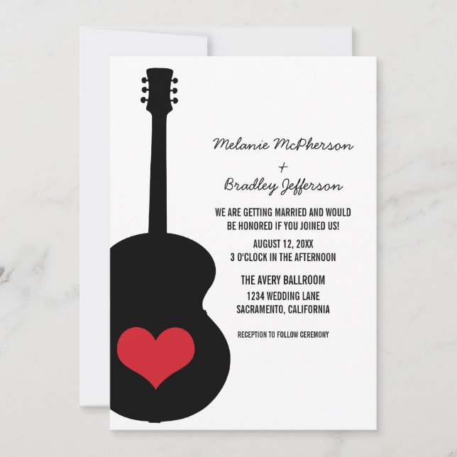 Red/Black Guitar Heart Wedding Invite (Front)