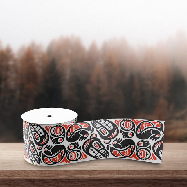 Red Black Haida Bear Symbol Native Pride Pattern Grosgrain Ribbon (Creator Uploaded)