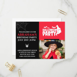 Red & Black Halloween Birthday Party Invitation Postcard