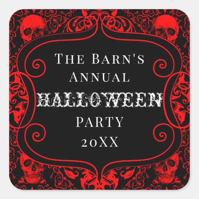 Red Black Halloween Damask Skull Gothic Custom Square Sticker (Front)
