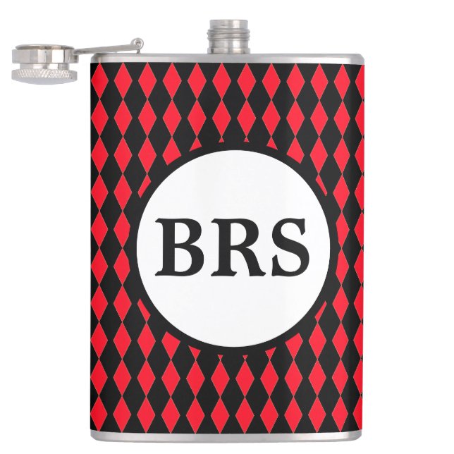 Red & Black Harlequin Customisable Monogram Hip Flask (Opened)