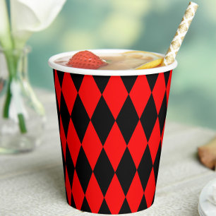 Red Black Harlequin Diamonds Checkers Design Paper Cups