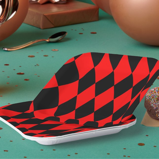 Red Black Harlequin Diamonds Checkers Design  Paper Plate (Creator Uploaded)