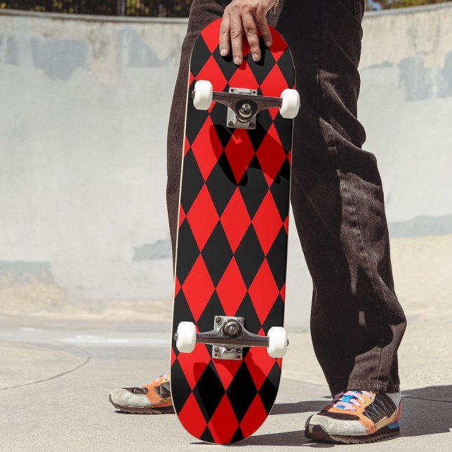 Red Black Harlequin Diamonds Checkers Design  Skateboard (Creator Uploaded)