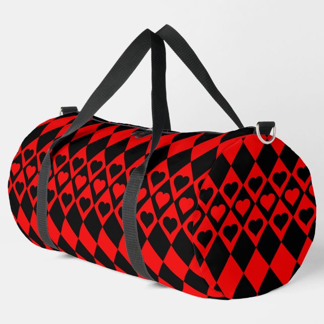 Red & Black Harlequin with Hearts Duffle Bag (Left Corner)