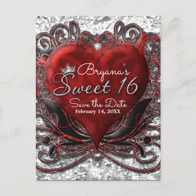 Red & Black Heart Foil Look Sweet 16 Save The Date Announcement Postcard (Front)