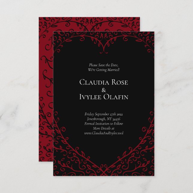 Red & Black Heart Gothic Wedding Save the Date Inv Invitation (Front/Back)
