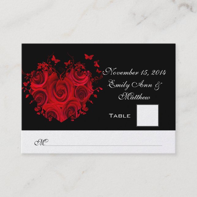 Red & Black Heart Roses Butterfly Table Place Card (Front)