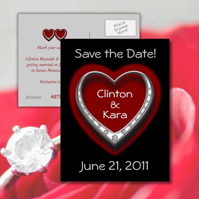 Red & Black Heart Save the Date Wedding Postcard (Red and Black Wedding | Save the Date Postcard)