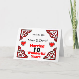 Red Black Hearts Names & Date 10 Yr Anniversary Card