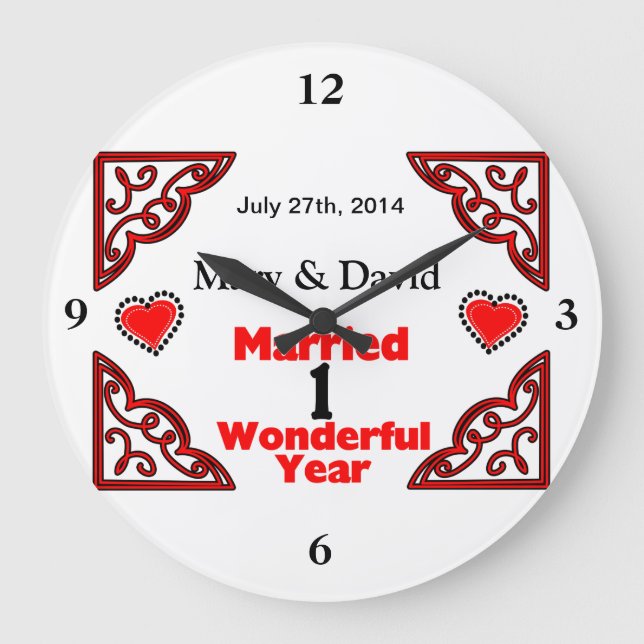 Red Black Hearts Names & Date 1 Yr Anniversary Large Clock (Front)