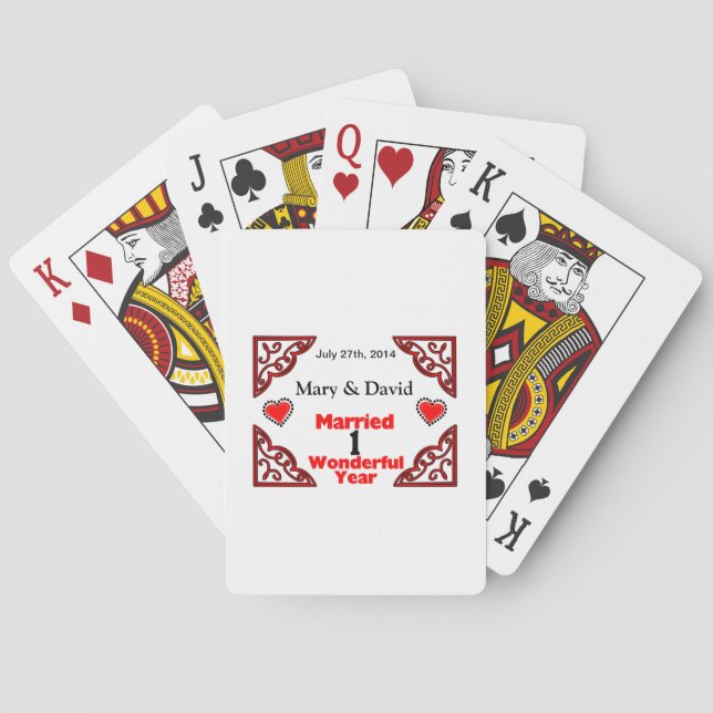 Red Black Hearts Names & Date 1 Yr Anniversary Playing Cards (Back)