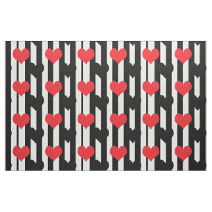 Red Black Hearts On Black White Stripes Fabric