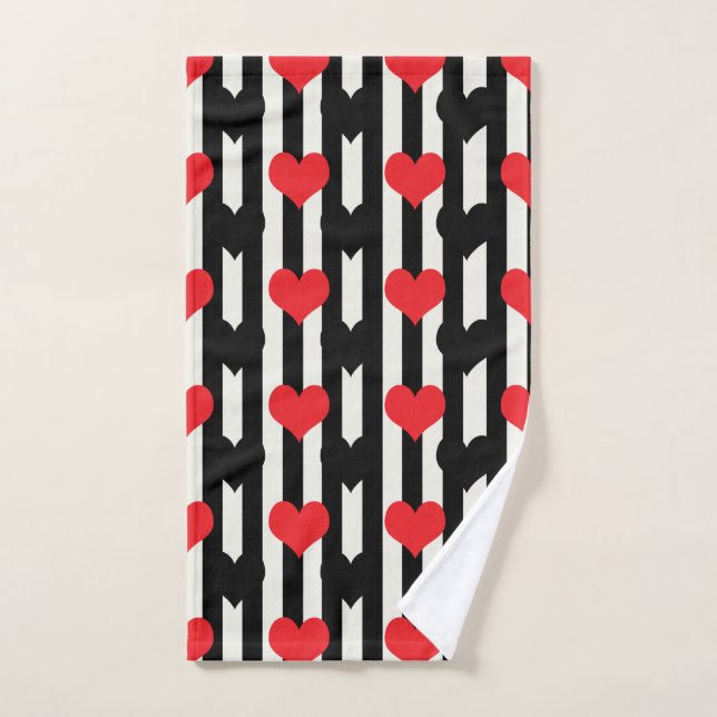 Red Black Hearts On Black White Stripes Hand Towel (Hand Towel)