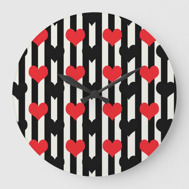 Red Black Hearts On Black White Stripes Large Clock (Front)