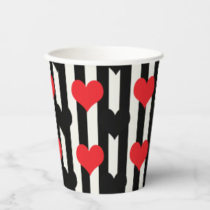 Red Black Hearts On Black White Stripes Paper Cups