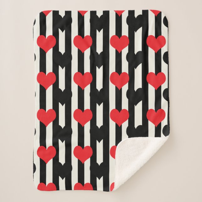 Red Black Hearts On Black White Stripes Sherpa Blanket (Front)