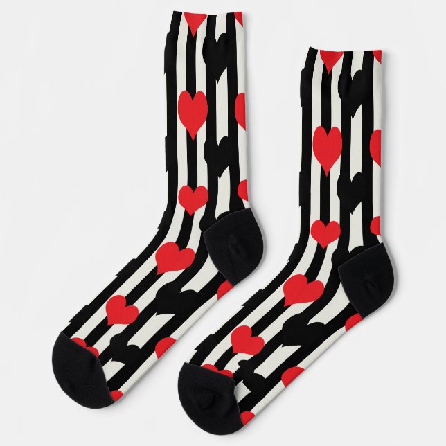 Red Black Hearts On Black White Stripes Socks (Left)