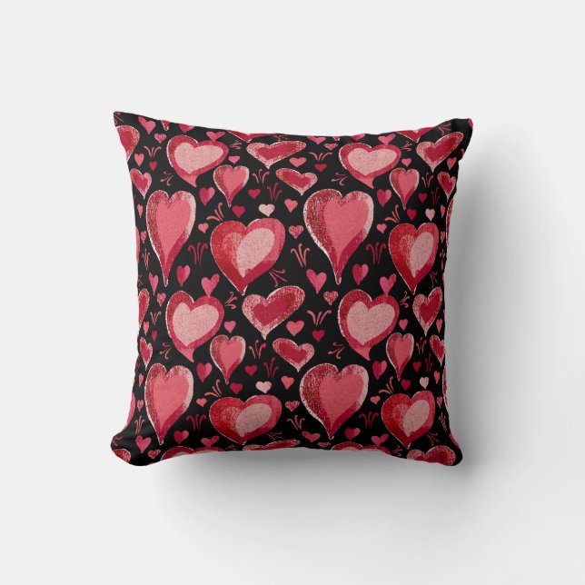 Red Black Hearts Pattern Drawing Valentine`s Day Cushion (Front)