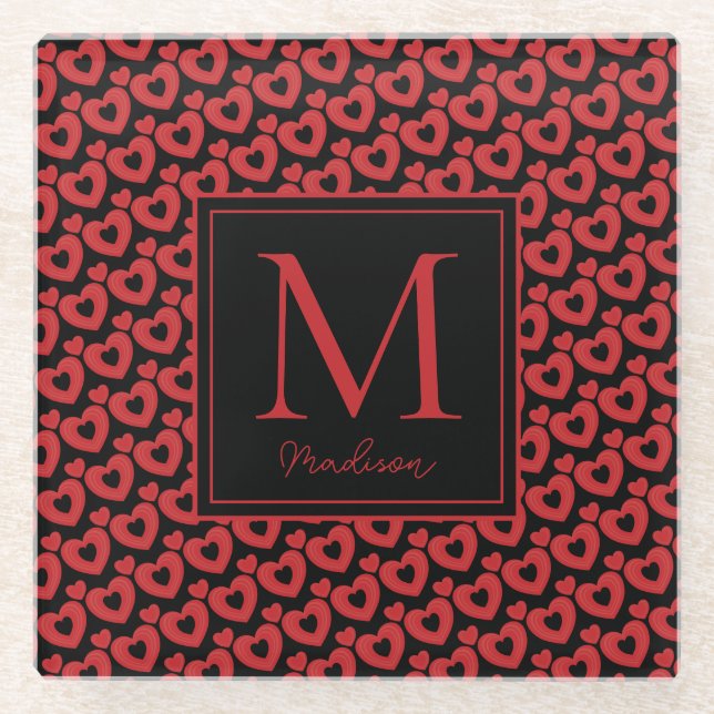 Red & Black Hearts Personalised Monogram  Glass Coaster (Front)