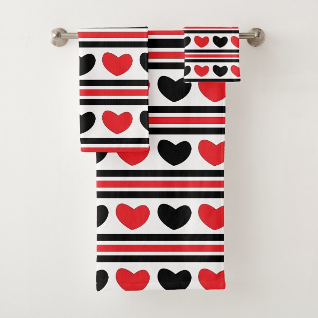 Red Black Hearts Stripes Valentine Pattern Bath Towel Set (Insitu)