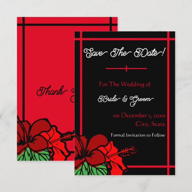 Red & Black Hibiscus Save the Date Flat Card (Front/Back)