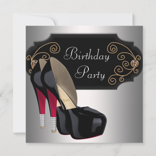 Red Black High Heel Shoes Birthday Party Invitation (Front)