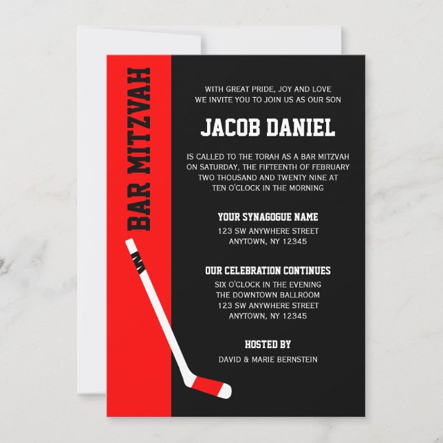 Red Black Hockey Bar Mitzvah Invitations (Front)