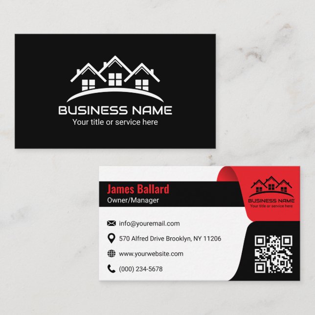 Red Black House Roof Logo Real Estate Business Card (Front/Back)
