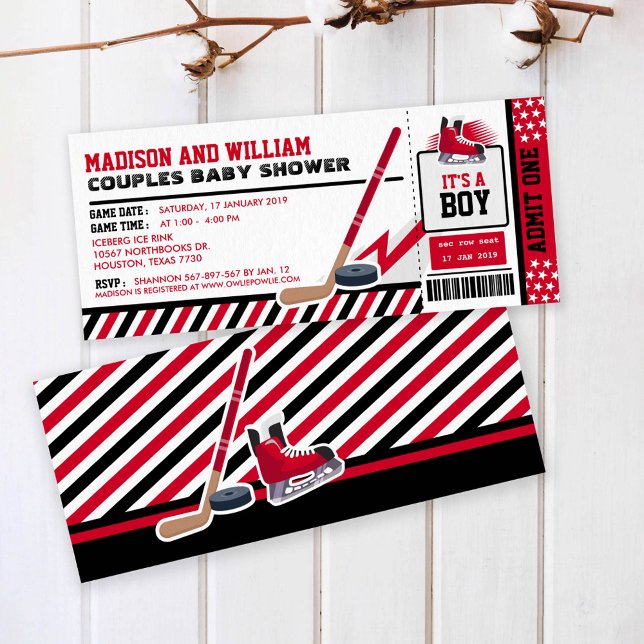 Red Black Ice hockey Ticket Baby Shower Invitation (Creator Uploaded)