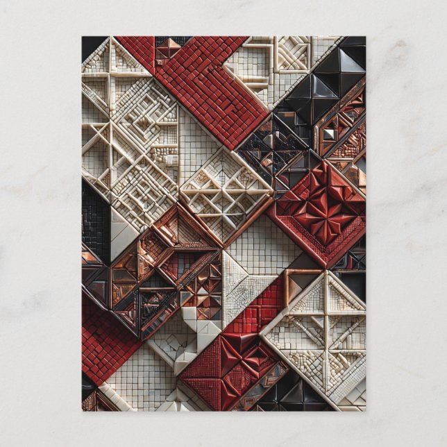 Red Black Ivory Micro Mosaic 3D Geometric Postcard (Front)
