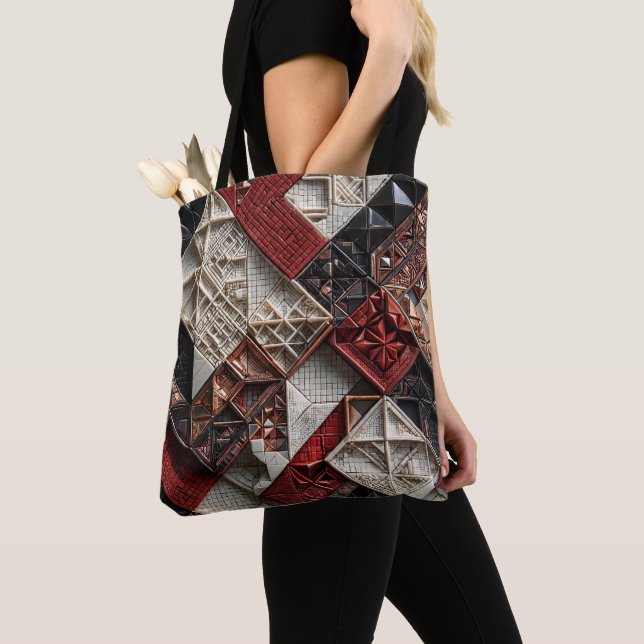 Red Black Ivory Micro Mosaic 3D Geometric Tote Bag (Close Up)