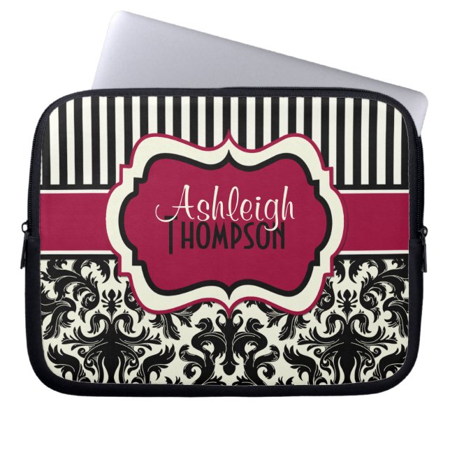 Red Black Ivory Striped Damask Laptop Sleeve (Front)