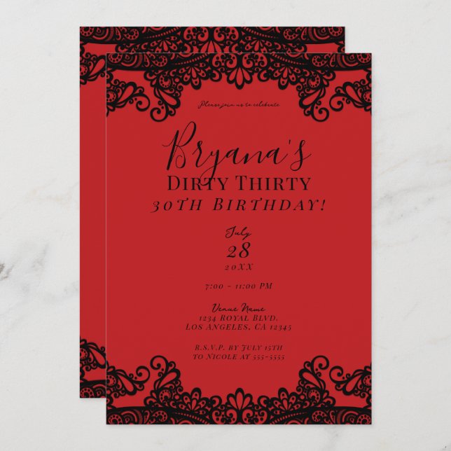 Red & Black Lace Chic Dirty 30 30th Birthday Invitation (Front/Back)