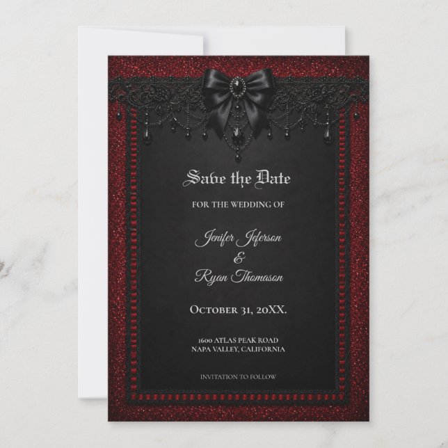 Red Black Lace Gothic Save the date invitation (Front)