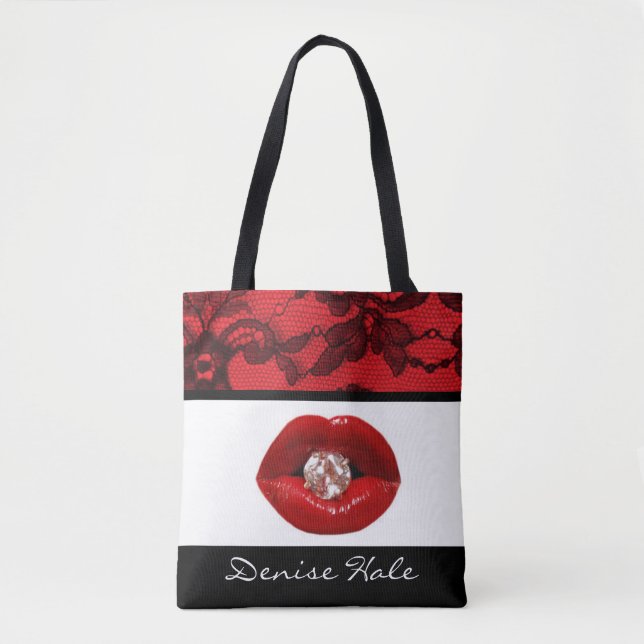 Red Black Lace Lip Diamond Tote Bag (Front)