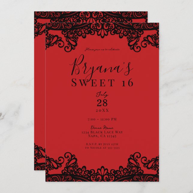 Red & Black Lace Masquerade Sweet 16  Invitation (Front/Back)