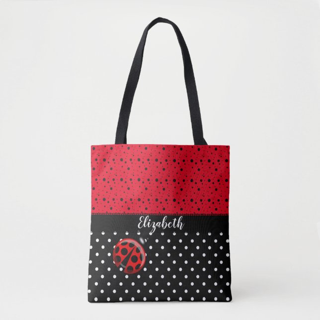 Red Black Ladybug Polka Dot Bug Beetles Name Tote Bag (Front)